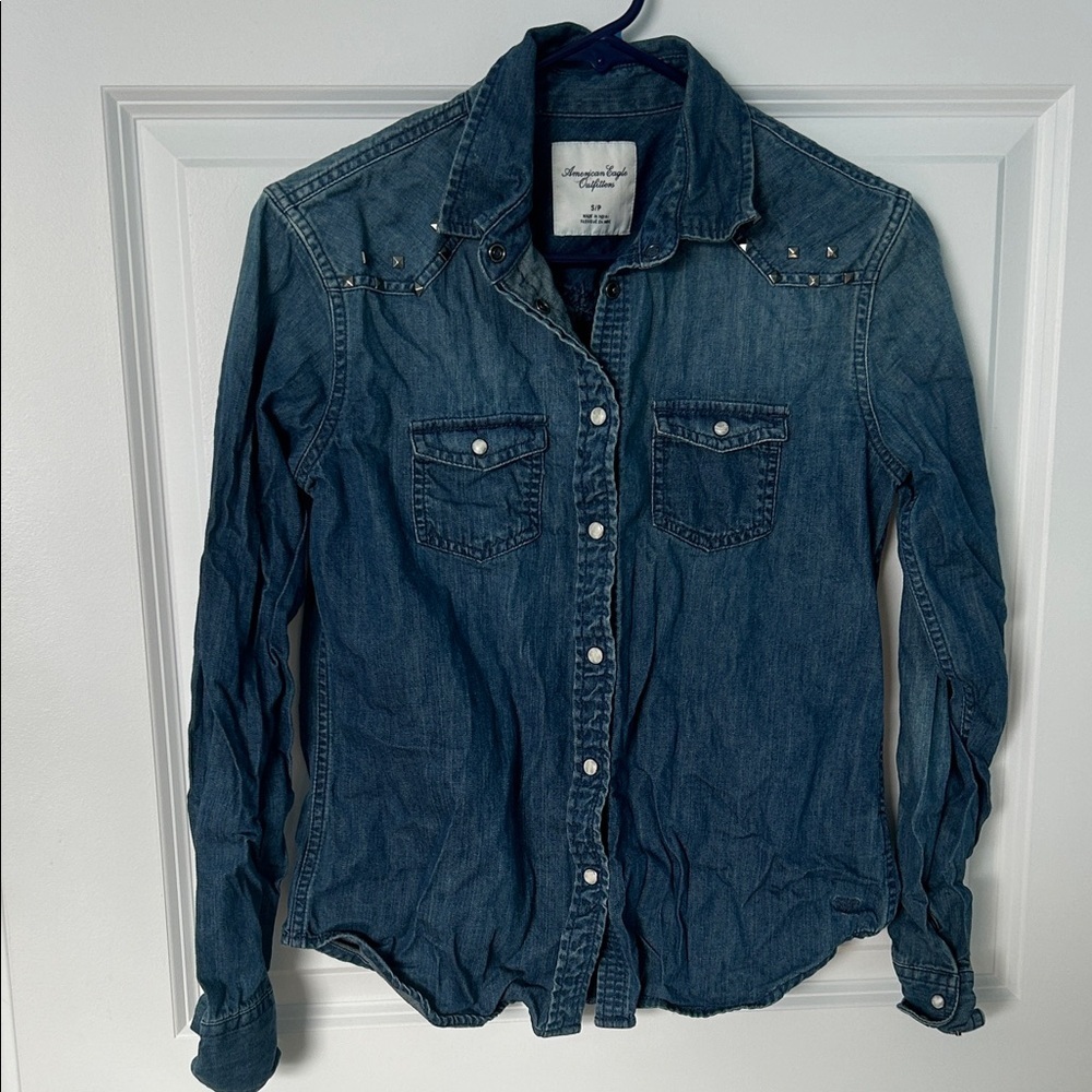 American Eagle Denim Button Down Shirt with Embellishments | Denim Shirt